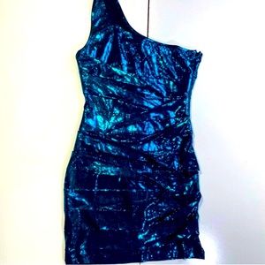 Nikibiki Metallic Blue Black Snake Print One Shoulder Bodycon Mini Party Dress M